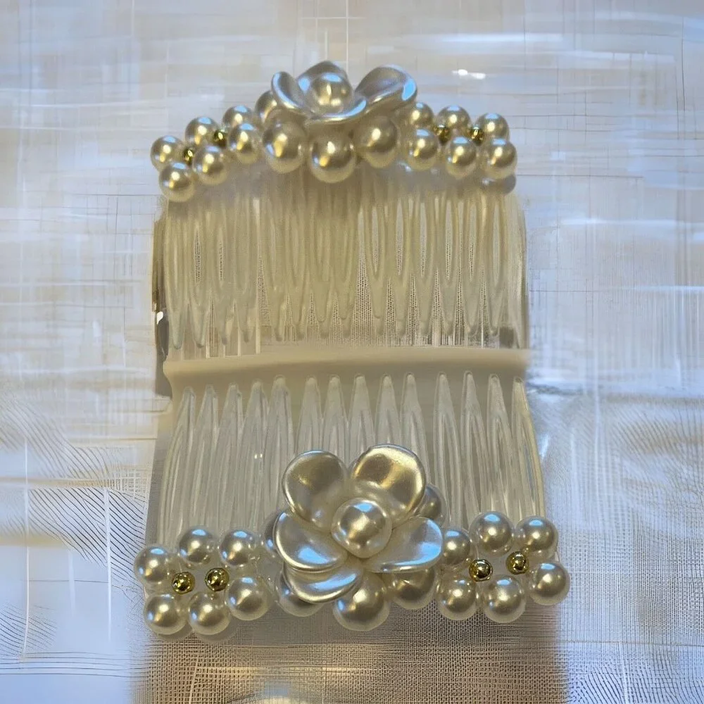 Pair 2 Creamy White Flower Faux Pearl Wedding Bridal Prom Hair Combs NEW